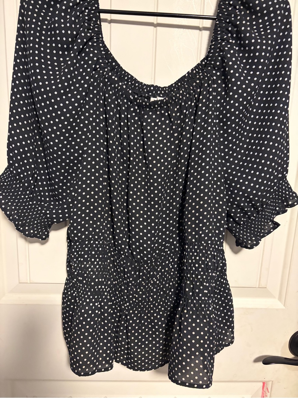 Black Polka Dot Peplum Blouse with Smocked Waist